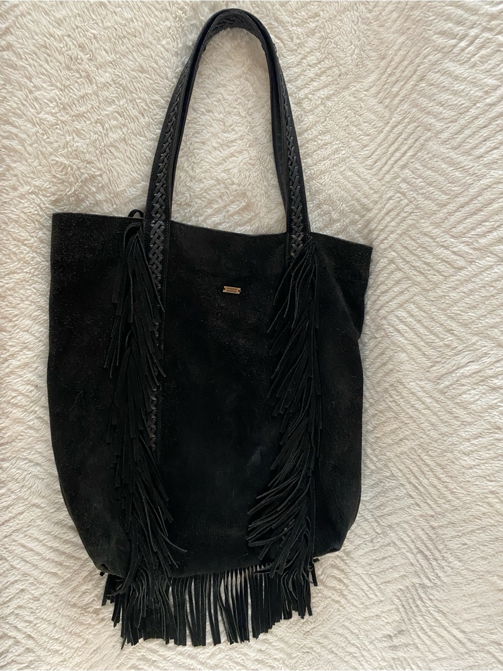 Black Fringe Suede Boho Tote Bag